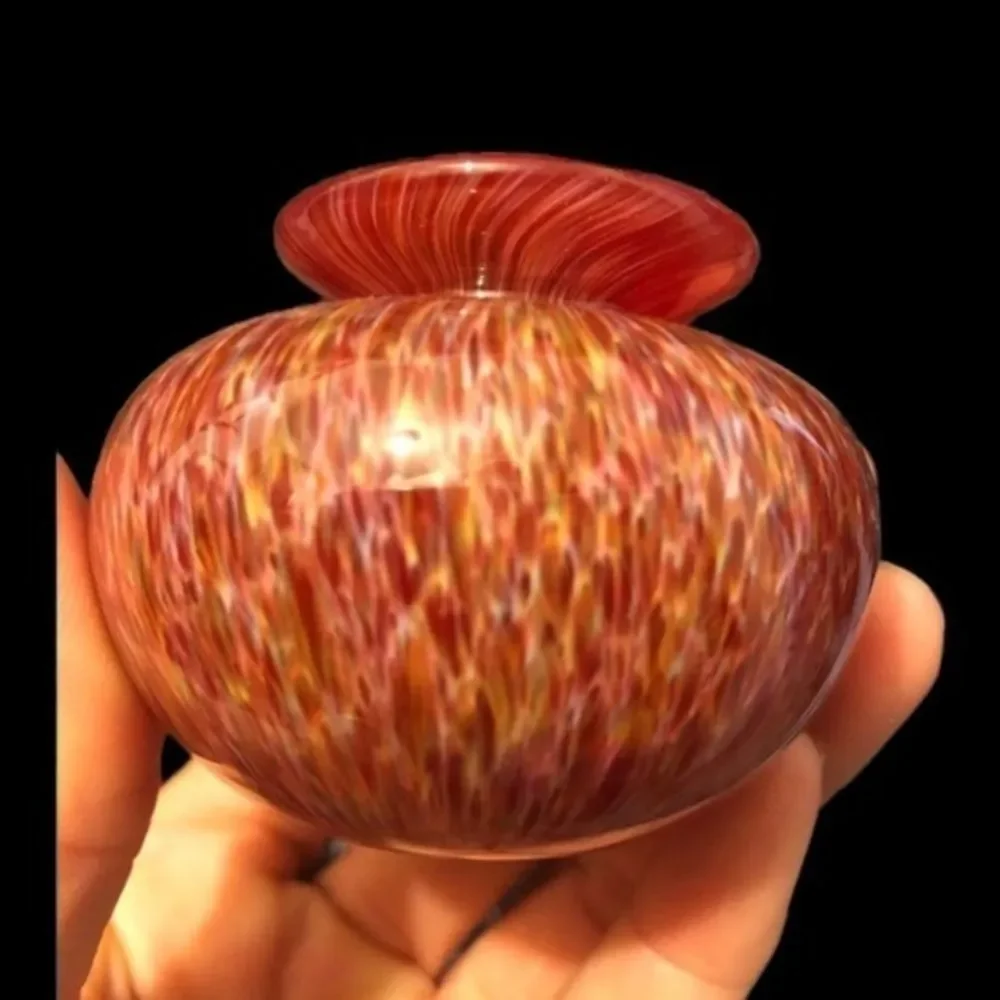 Vintage Art Glass Tiny Bud Vase Orange Red Swirl Hand Blown Glass 2